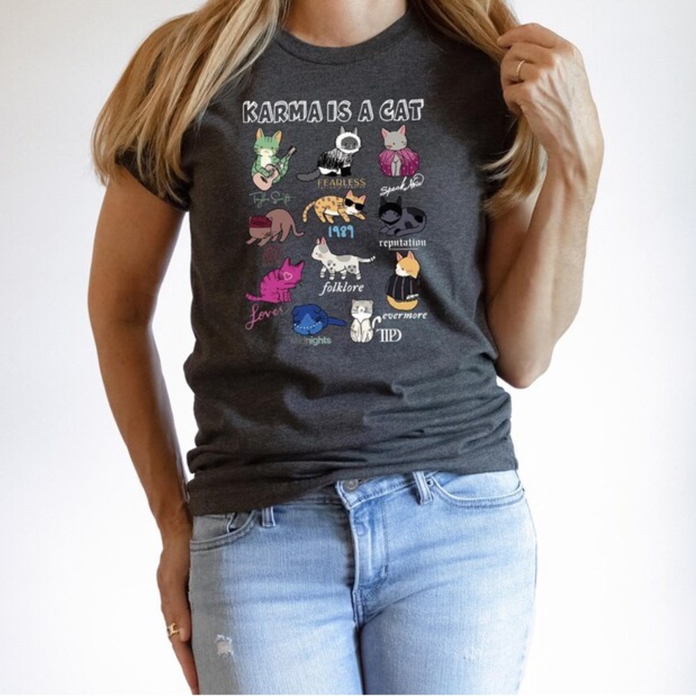 Taylor Swift Karma is a Cat Graphic v neck t-shirt grey size Small